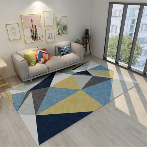RUGMRZ Kurzflor TeppichVorraum Wald 80x100CM Teppiche blauGelb-Grauer geometrischer Teppich Auslegware