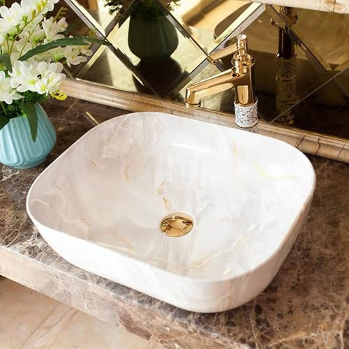 Évier de salle de bain en céramique à poser avec robinet de vidange escamotable, lavabo contemporain à texture marbrée pour hôtels, toilettes, lavabos de salle de bains (50 x 40 x 15 cm, A)