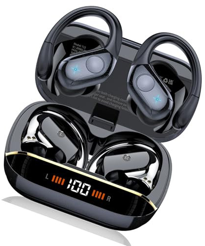 Wireless Earbuds, 75H Bluetooth 5.4 Headphones, Sport Wireless Earphones with 4 ENC Mic, Stereo Bass, IP7, Bluetooth Earbuds with Earhooks for Workout/Running/Work, Dual LED Display Ear buds, Black