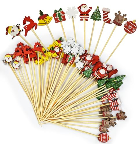 SHSMPXOY 100 Piezas Navidad Palillos para Aperitivos, Navidad Palillos de Cóctel, Pinchos de Bambú de Dientes, Brochetas para Fruta Aperitivos Fiestas Bebidas Decoración