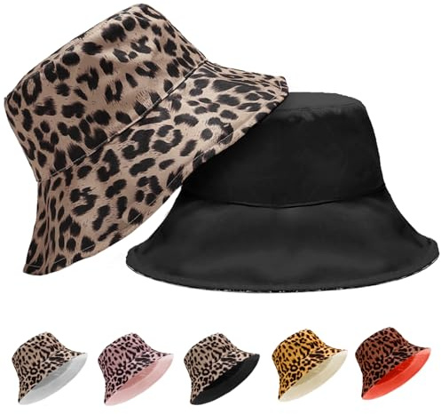 XIEXIESHER Reversibler Leopardenmuster Bucket Hat Faltbar für Damen, Frauen Bucket Hat, Herren Sommer Sonnenhut mit Sonnenschutz für Urlaub, Wandern, Strand, Einkaufen (Schwarz & Grau)