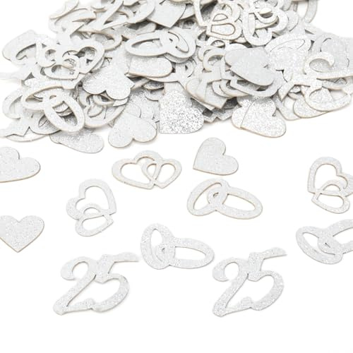 AuraFusion Silberhochzeit Streudeko 100 Stück Glitzer Konfetti mit 25, Ringe, Herz Motiven, Perfekte Tischdeko für das 25. Jubiläum und Hochzeitstag