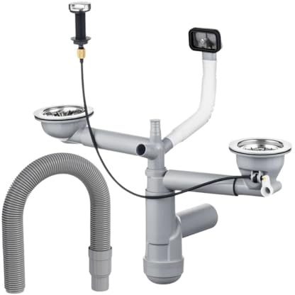 LAXARA Flexlok mit Exzenterbedienung & Spülbeckenauslass Ø 114 mm Siebkorbventil | Ablaufgarnitur mit Drehknopf | Siphon Spüle platzsparend | Edelstahloptik | (2 Becken eckig mit Ablaufrohr)