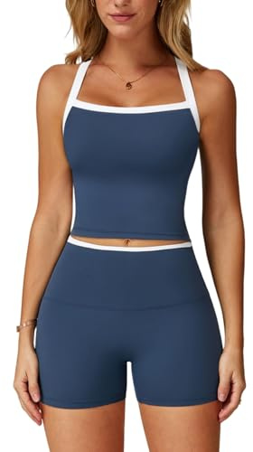Two Piece Workout Sets For Women Straps Cross Back Tank Top Matching High Waist Booty Lifting Biker Shorts 2 Piece Gym Yoga Active Wear Outfits Womens Athletic Work Out Clothes Colorblock Dark Blue M