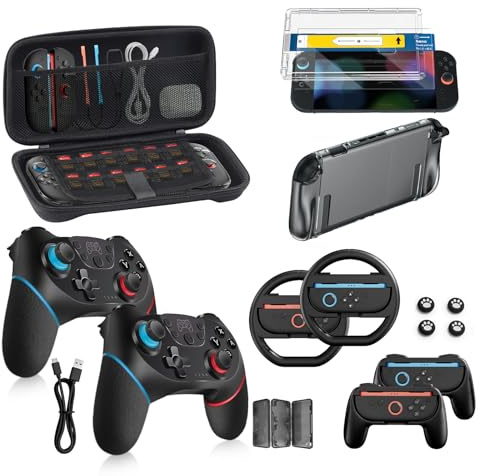 Switch 2 Accessories Bundle for Nintendo 17-in-1: 2 Pro Controllers, Dockable Carrying Case, Screen Protector, Thumb Grip for Joycon Console Protective Cover Shell Steering Wheel 2025 Switch2 Game Kit