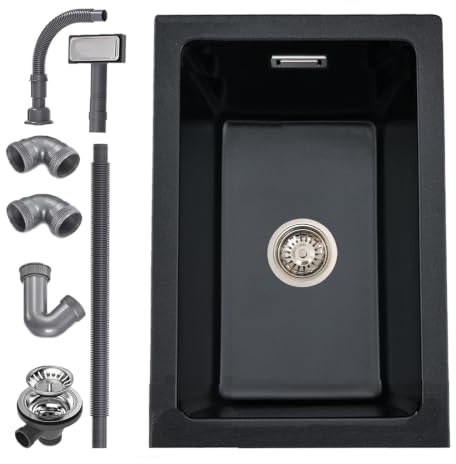 iAnomla Évier Cuisine en Quartz Noir, 30 X 40 cm Évier de Cuisine 1 Bac | Évier Encastrable Compatible Montage sur Plan et Sous Plan, Accessoires Inclus, Adapté pour le Camping et Camping-Car