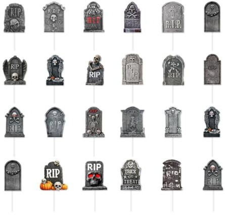 OIXYEY 24 Stücke Tortendekoration Im Grabstein-Design,Halloween Cupcake Topper Halloween Zahnstocher Markierungsfahnen Marker Für Halloween Party Kuchen Essen Käseplatte Vorspeisen Dekor