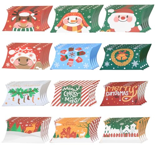 48 Stück Geschenkbox Weihnachten Klein, Weihnachtliche Kissenschachteln mit 12 Motiven, Ideal für Geldgeschenke Weihnachten, Süßigkeiten, Kekskästen & kleine Präsente, Geschenkverpackung weihnachten