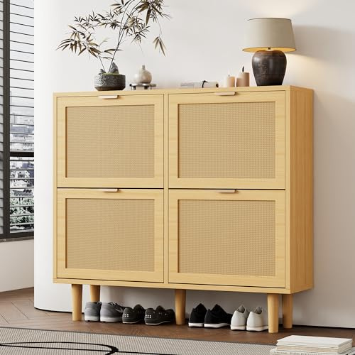 BTM Meuble à Chaussures avec 4 Tiroirs à Battants, Commode en Rattan avec Poignées en Métal – Étagère pour Couloir, Chambre, Appartement, Style Maison de Campagne: 100x25x90 cm