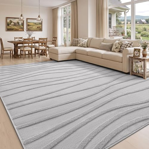 Homaxy Teppich Wohnzimmer 120 x 160 cm, Grau | Rutschfest und Waschbar, Weicher Plüsch mit Wellenmuster, Kurzflor, für Schlafzimmer, Kinder- und Haustierfreundlich