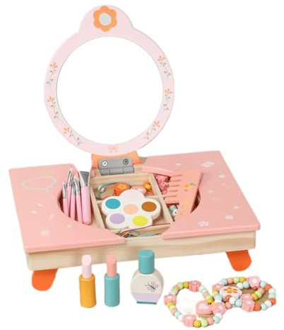 Pretend Coiffeuse en bois pour enfant avec miroir pliable | Meubles de jeu Pretend Cosmetic Station | Table de jeu de style fantaisie pour chambre de fille Surprise de vacances