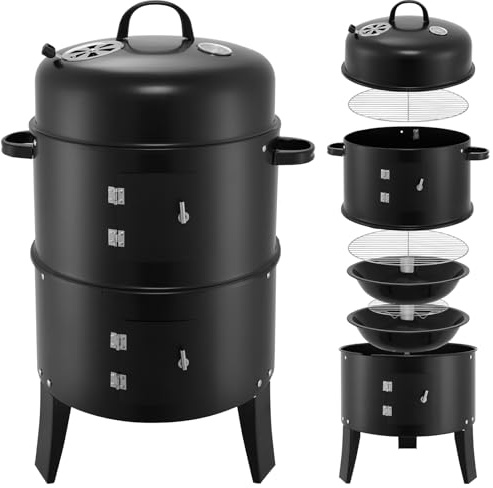 3-in-1 Holzkohlegrills BBQ Smoker GRILLWAGEN Holzkohle Grill Grillkamin Standgrill Räucherofen Zubehör