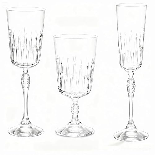 Set 36 Calici Vetro Lavorato Vintage Bicchieri con Piede per Vino Rosso Acqua Flute Champagne Lavabili in Lavastoviglie collezione Luigi Uso Quotidiano e ProfessionaleBor-mioli Celebrazione