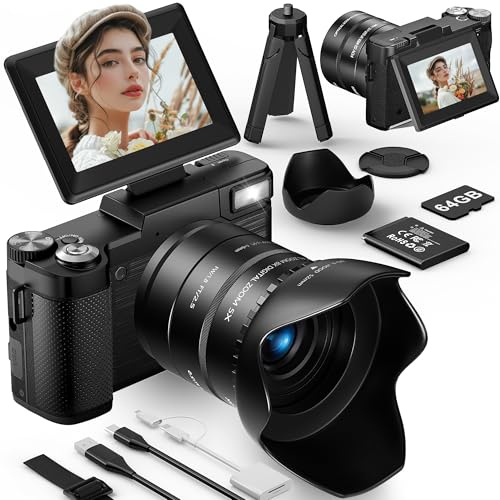 FLATIC 6K Digital Camera, 75MP Cameras for Photography with 8X Optical Zoom & Tripod, Anti-Shake Vlogging Camera with 3 180° Flip Screen, 64GB Card, Card Reader, Vlog Travel Cameras for Youtubers