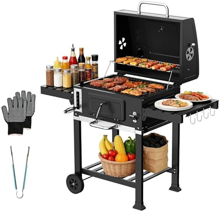 TEENO Barbacoa de carbón, coche de cocina XXL, barbacoa con tapa, termómetro, guantes anticalor, chimenea y abridor de botellas integrado, modelo grande ahumado para barbacoa de carbón