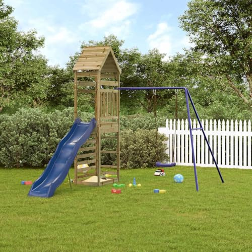 Spielturm aus kesseldruckimprägniertem Kiefernholz mit Schaukel, Wellenrutsche, Klettergerüst und Sandkasten, stabiles Gartenspielgerät für Kinder im Outdoor-Bereich, 245 x 335 x 264 cm