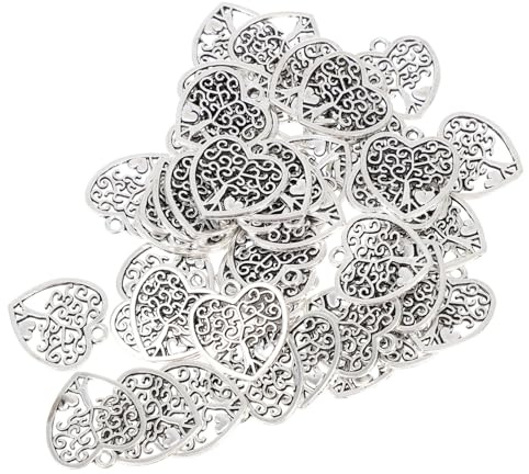 SWOOMEY 50 Pezzi Ciondoli Albero della Vita in Lega a Forma di Cuore Argento, Decorativi e Luminosi per Feste e Artigianato Manuale