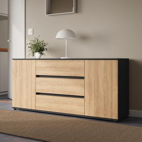Home Collective Kommode Sideboard mit Schubladen | modern Sideboard Wohnzimmer Schlafzimmer Flur Möbel | 150x40x70 cm | 3 Schubladen & 2 Türen | Anthrazit und Artisan Eiche
