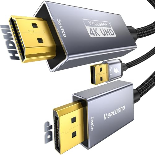 Active HDMI to DisplayPort Cable Uni-Directional 6FT (4K@60Hz/1080P@120Hz) | HDMI Source to DP Monitor Adapter Display Port Cord Compatible with Laptop, AMD, NVIDIA, PS5, Xbox and More