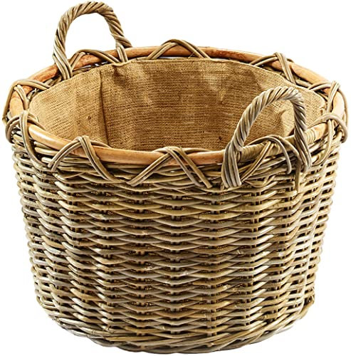 Kobolo Kaminkorb Holzkorb für Kaminholz rund Kubu grey-antique - aus Rattan mit Griffen und herausnehmbarer Jute ausgeschlagen