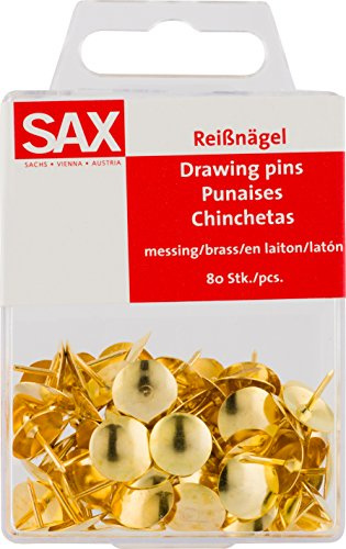 SAX Reißnägel Messing 80 Stück, Heftzwecken für Pinnwand Korktafel, 10 mm Kopfdurchmesser, Kunststoffummantelung, Metallspitze, Kunststoffbox mit Sicherheitsverschluss