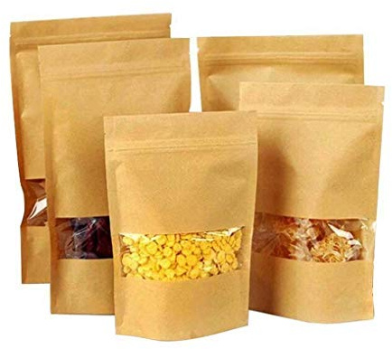 Dproptel 50-pack återanvändbar Ziplock-grepp stående tätningspåsar vattentätt brunt kraftpapper stående påse med transparent fönster matförvaringspåsar packpåse (16 x 26 cm)
