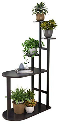 Metall Plant Stand Pflanzenständer Pflanzgefäß Halter für Innen Außen, Holz Blumentreppe Pflanzentreppe Couchtisch für Wohnzimmer Sofa, Schwarz