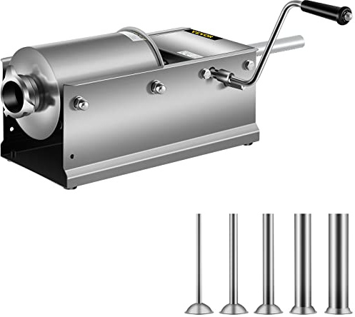 VEVOR Manual Sausage Stuffer, 3 L / 7 LBS Horizontal Sausage Machine, Dual-Speed Meat Stuffer, Made of Food-Grade 304 Stainless Steel, Includes 5 Stuffing Tubes, for Home Kitchen Restaurant Commercial