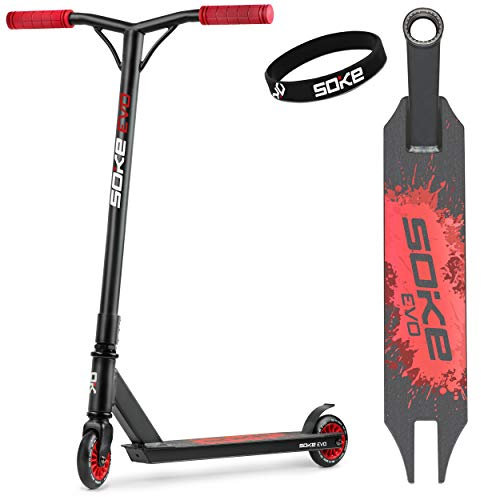 SOKE Evo Stunt Scooter für Extreme Skateparkfahrten – ABEC-9 Carbonlager aus verchromtem Stahl – PU-Räder 88A – Y-Bar-Lenker mit TPR-Griffen – Aluminium-Deck rot
