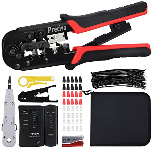 RJ45 Crimp Tool Kit, Preciva 97-in-1 Ethernet Crimping Network Toolkit for 8P/6P RJ11, RJ12, RJ45, CAT5, CAT5E, Computer Maintenance LAN Cable Tester Repair Set, Cable Tester, Wire Stripper