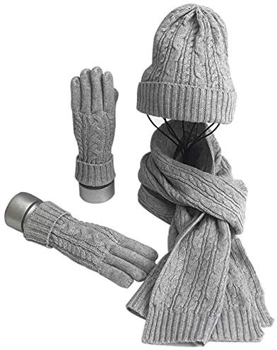 MHGLOVES Winterset 3-Teilig Aus Strickschal, Strickmütze Und Handschuhen, Schal, Winter-Schal, Damen Schal Mit Passender Mütze, Bommelmütze, 3-In-1 Winter-Set,Grau