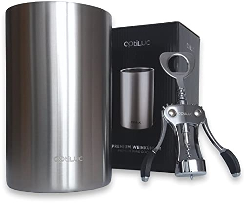 OptiLUC Weinkühler aus Edelstahl, Flaschenkühler Doppelwandig für Wein, Sekt, Champagner, Bier, Glas Flaschen, Eiswürfel, Sektkühler mit Set Korkenzieher in Elegante-Geburtstag-Box für Geschenk