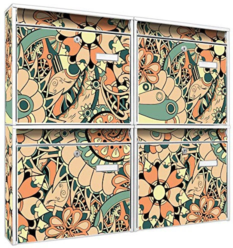 banjado Briefkastenanlage 4 Fach - Postkästen groß - verzinkter Stahl weiß DIN A4 Motiv Vintage Flower - Briefkasten Set 4 Briefkästen Namensschild, 2 Schlüssel, Montagematerial