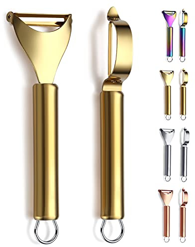Gold Potato Vegetable And Fruit Peelers For Kitchen, Kyraton Titanium Gold Plating Stainless Steel Peelers,Sharp Blade And Ergonomic Non Slip Easy To Grip Set Of 2