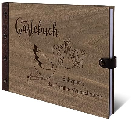 Personalisiertes Geburt Gästebuch echtes Holz DIN A4 Babyparty Buch mit Lasergravur - Storch - mit 72 Blatt / 144 Seiten Naturpapier Weiß