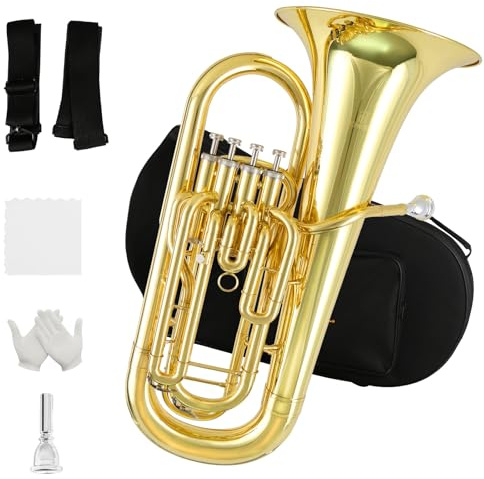 ROWELL Euphonium 4 Valves Bb Brass Lacquer Gold 4 Stainless Steel Pistons Intermediate Advanced Euphonium with Case Gloves and Polishing Cloth