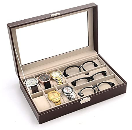 luckxuan Brillenständer Leder 6 Uhrenbox Schmuckkoffer und 3-teilige Brillenspeicherung und Multi-Sonnenbrillen-Gläser Display Case Organizer für Frauen Männer Brillenhalter (Color : Brown)