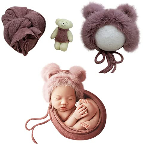 Uposao 3 Pcs Accessoires De Photographie De Nouveau-néinfantile Bébé Photographie Prop Wrap Chapeau Moelleux Ours Poupée Ensemble Nouveau-né Accessoires Photo Tenues