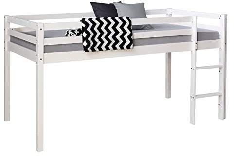 Homestyle4u Kinderbett 90x200 Weiß - Hochbett mit Treppe & Matratze | Massivholz Kiefer Bettgestell mit Lattenrost, inkl. Absturzsicherung - Stabiles Jugendbett für Jungen & Mädchen