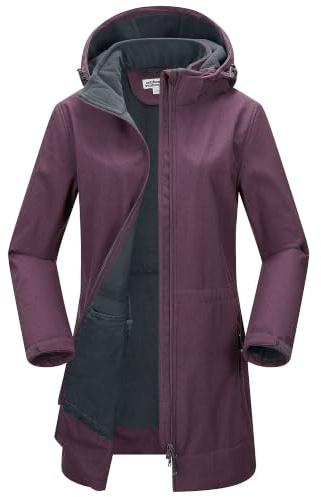 Outdoor Ventures Dam softshell lång jacka med huva fleece fodrad vindtät jacka för kvinnor vattentät vindjacka, Fuchsie, XL