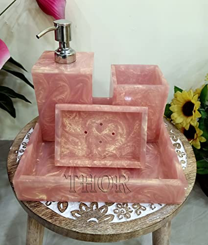 Elegante juego de baño rosa bebé para baños de lujo, dispensador de jabón, soporte para cepillo de dientes, jabonera y bandeja de toallas, juego de 4 regalos rústicos vintage para decoración del hogar