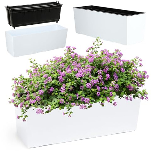 KADAX Rectangular Planter 18 x 56 cm, Outdoor Plastic Window Box with Insert for Windowsill, Long Weatherproof Plant Pot for Balcony Railing (White)