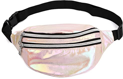 Laughhe Sac Banane Holographique, Sac de Taille Brillant Ajustable étanche pour Voyage Randonnée Camping (Rose)