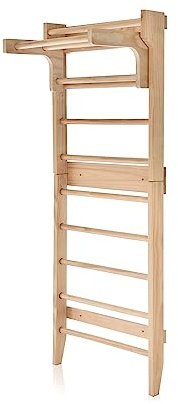GYMAX Espalier Suédois Mural en Bois avec Barre de Traction Amovible,195x80x48cm, Charge 100kg, Échelle Suédoise avec 10 Barres Fixes pour Gymnastique à Domicile (Barre de Traction Amovible)