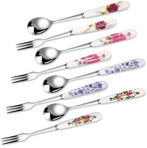 8PCS Cake Forks and Dessert Spoons Set - Flower Pastry Ceramic Handle Spoon and Fork, Stirring Sundae Latte Coffee Tea Honey, Fruit Cake Creative Stainless Steel Gift Tableware