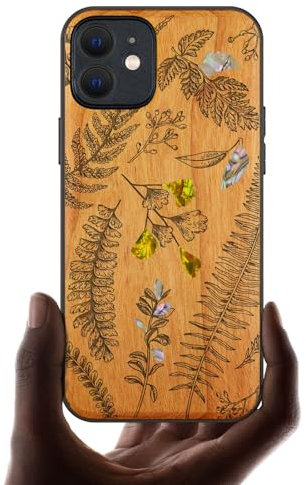 Carveit Coque Magnétique pour iPhone 12 Étui de TPU, Gravure en Bois et Incrustation de Coquille Cover Compatible avec 12 Magsafe Coque (Cerise-Feuilles de fougère et Herbes)