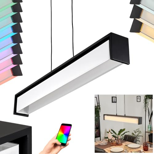 HOFSTEIN LED Pendelleuchte Siders, dimmbare Hängelampe aus Metall/Holz/Stoff in Schwarz/Weiß, RGB Farbwechsel, dimmbar über Smart App, Bluetooth, Mesh-Funktion, 34 W, max. 3900 L, CCT 2700-6500 K