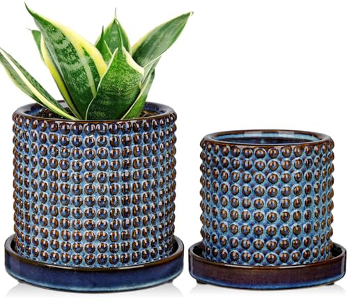 2er-Set Blumentopf Keramik 15 cm + 11 cm Blumentopf Keramik mit Blasen und Abflusslöchern, blaue Blumentöpfe mit Perlendesign, dekorative Blumentöpfe für den Innenbereich, Kakteen, Schlangenpflanzen