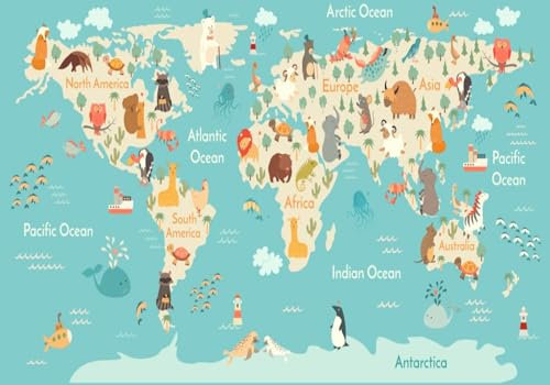 Non-Woven Murals Kids Wood Effect Boys Girls 3D Black and White World Map Mural Animal Wallpaper Grey Silver Graffiti Living Room Bedroom Kitchen Wallpaper