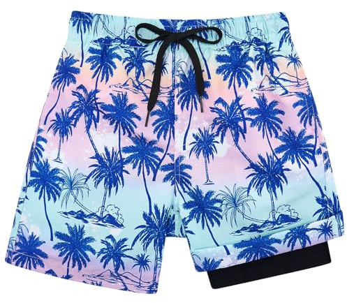 Kids4ever Badshorts för pojkar med kompressionsfoder, 2-i-1, snabbtorkande badbyxor, brädshorts, strandshorts med fickor 7-18 år